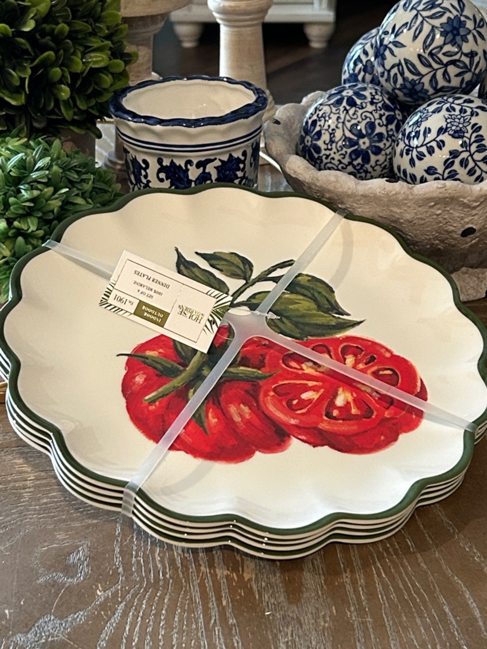 NEW! LARGE Vintage Inspired Melamine Tomato Scalloped Dinner Plate Set